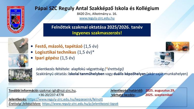 Felnőttek szakmai oktatása a 2025/2026-os tanévben - Jelentkezz!