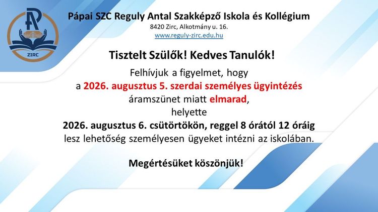 Ügyintézés változás 2026.08.05. >> 2026.08.06.