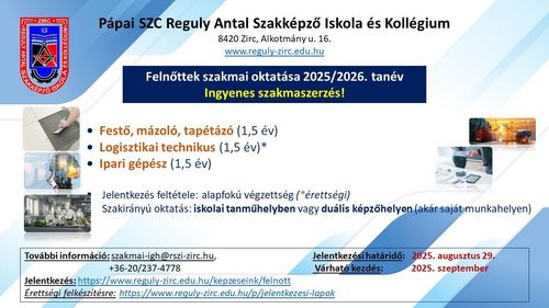 Felnőttek szakmai oktatása a 2025/2026-os tanévben - Jelentkezz!